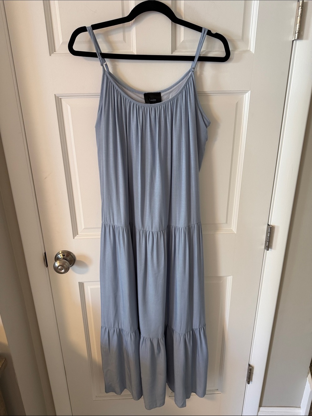 Lumiere Sleeveless Tiered Maxi Dress Blue Beachy Coastal Boho Pockets Size Small